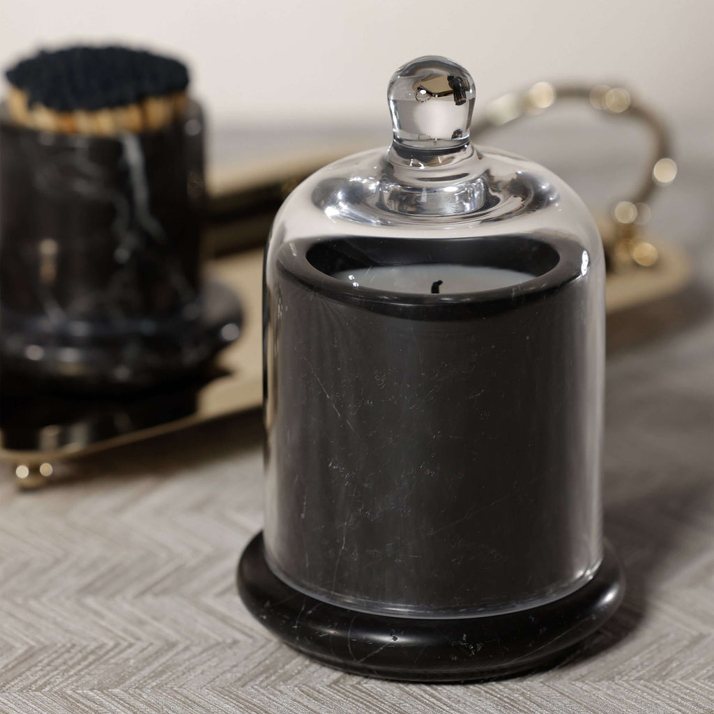 Marbella Scented Candle Jar with Cloche showcasing unique marble design and hand-blown glass cloche.