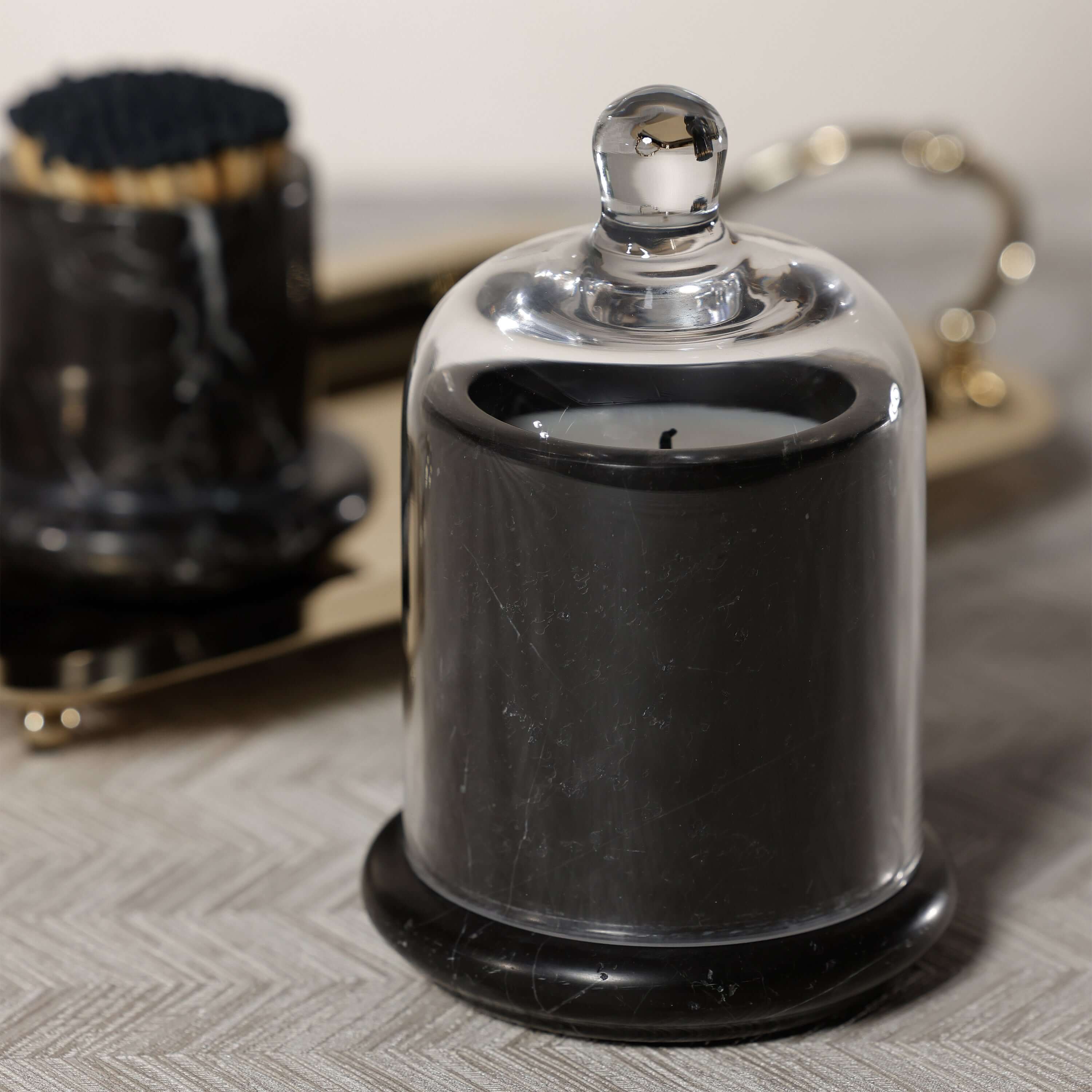 Marbella Scented Candle Jar with Cloche showcasing unique marble design and hand-blown glass cloche.