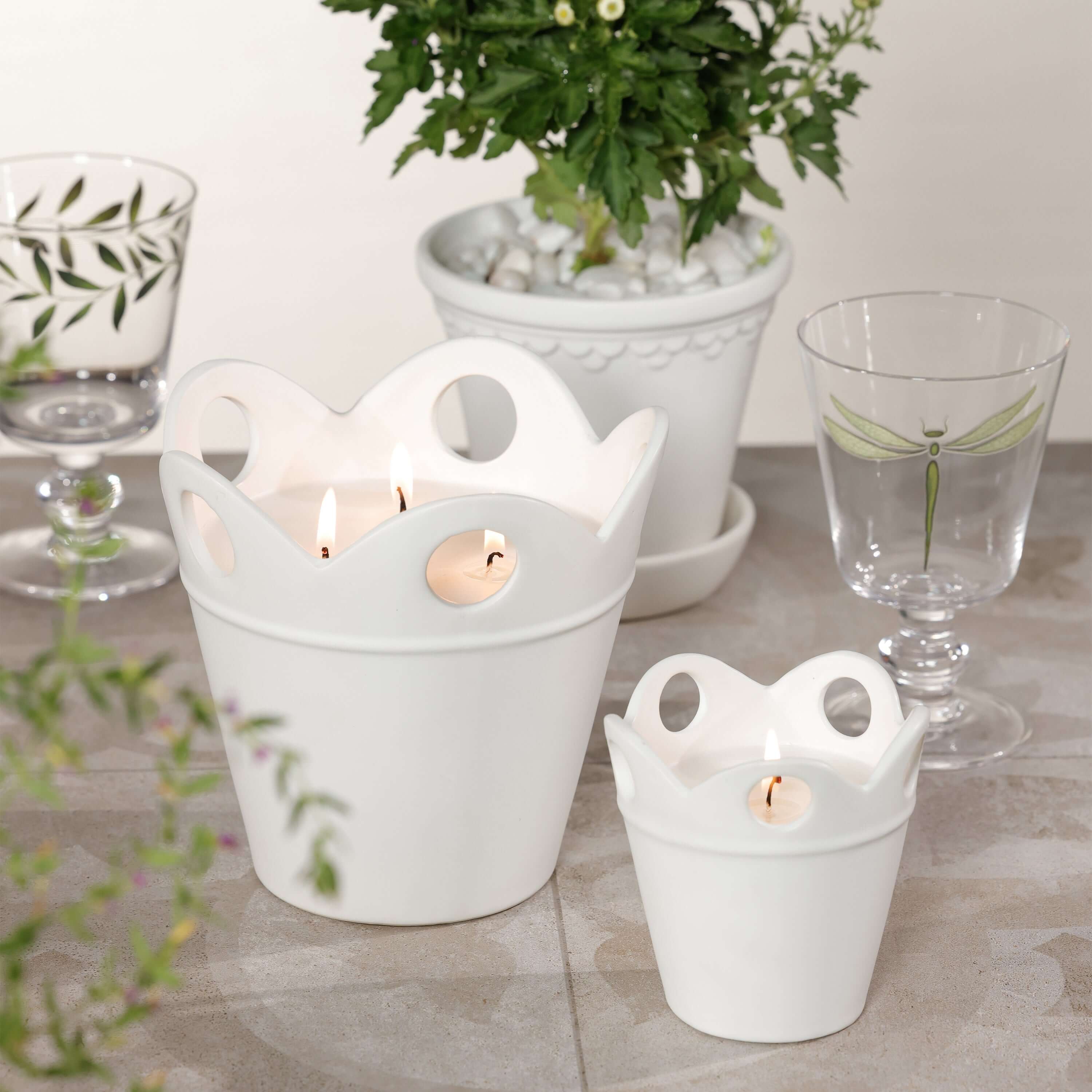 Citronella Pot Candle in white ceramic pots with scalloped rim, displayed with plants and decorative glass.