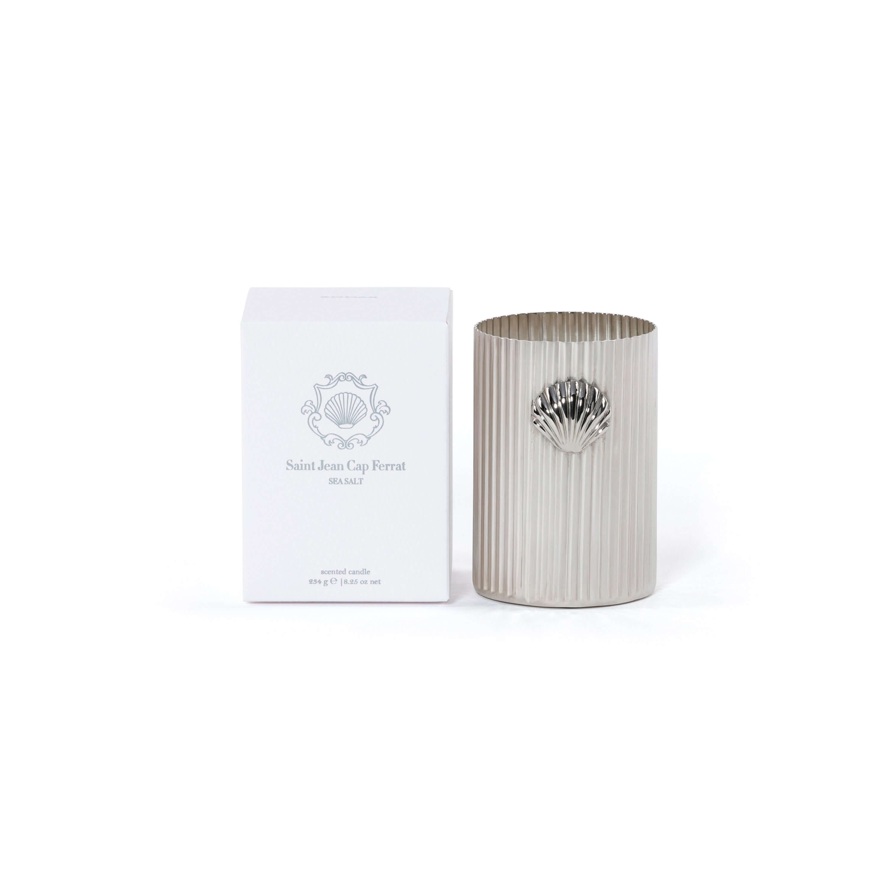 Cap Ferrat Fan Shell Design Candle in Gift Box with silver finish and fresh Sea Salt fragrance.