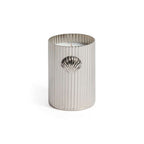 Cap Ferrat Fan Shell Design Candle in Gift Box, silver fluted vessel with shell emblem, small size.