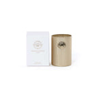 Cap Ferrat Fan Shell Design Candle in Gift Box featuring a fluted gold vessel and elegant shell emblem.
