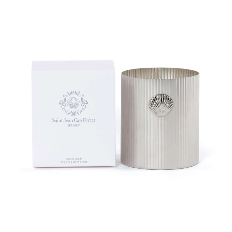 Cap Ferrat Fan Shell Design Candle in Gift Box showcasing sleek silver vessel and elegant packaging.