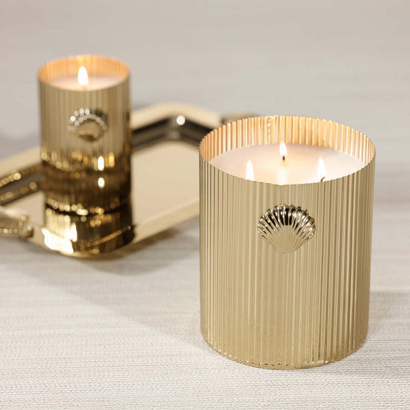 Cap Ferrat Fan Shell Design Candle in Gift Box showcased in a gold fluted vessel with burning wicks.