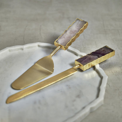 Matte Gold Cake Server Set w/ Agate Handles - Tableware by Carlyle Avenue