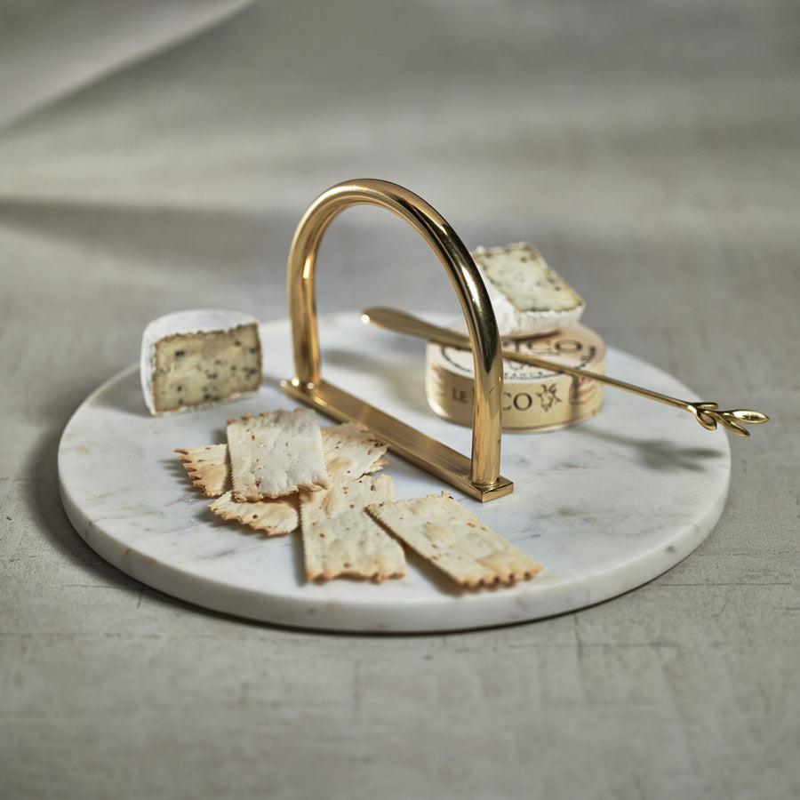 Round Marble Serving Tray with Brass Handle