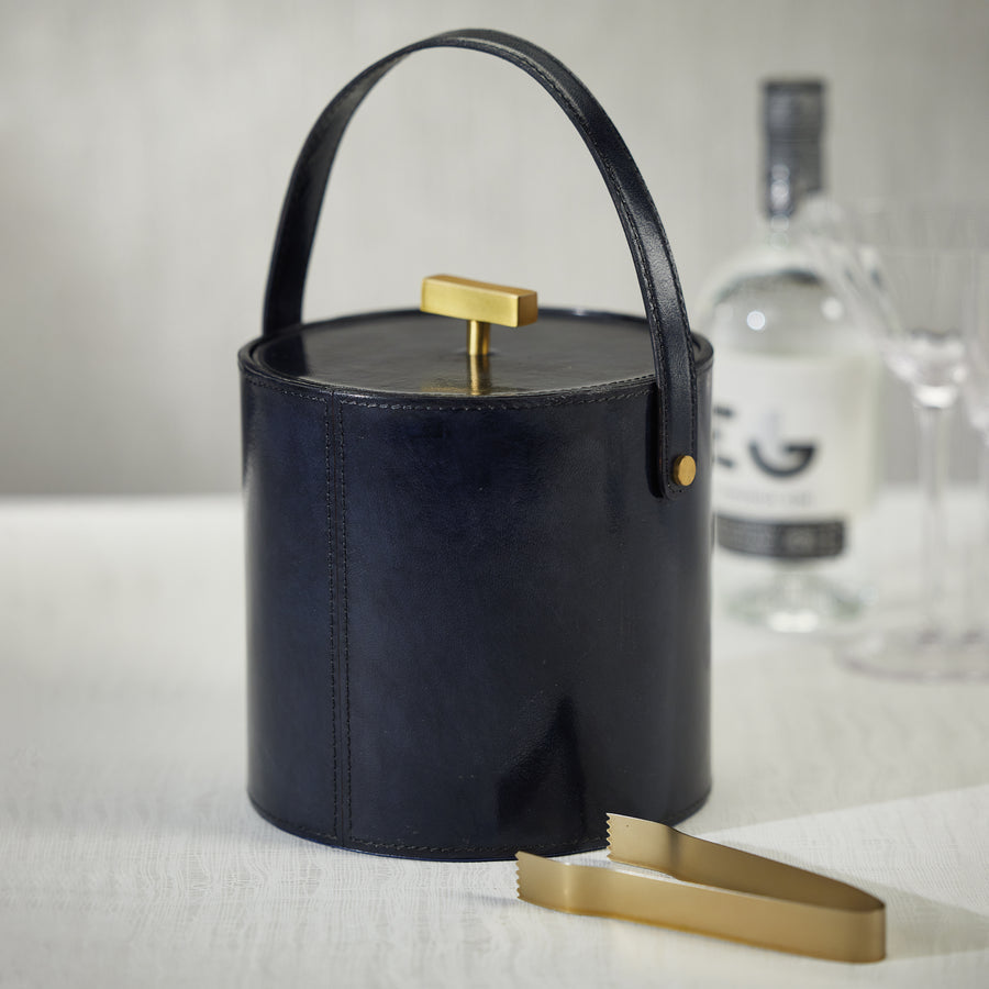 Savoy Blue Leather Ice Bucket with Gold Metal Ice Tong