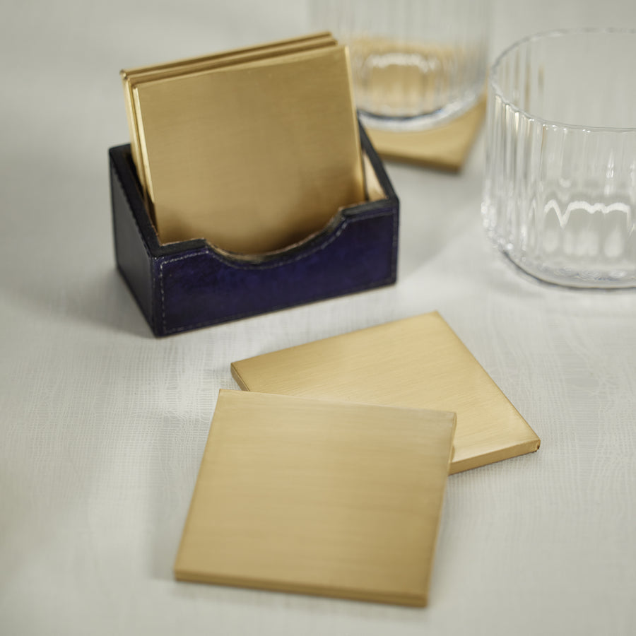Savoy Blue Leather Set of 6 Coasters with Holder