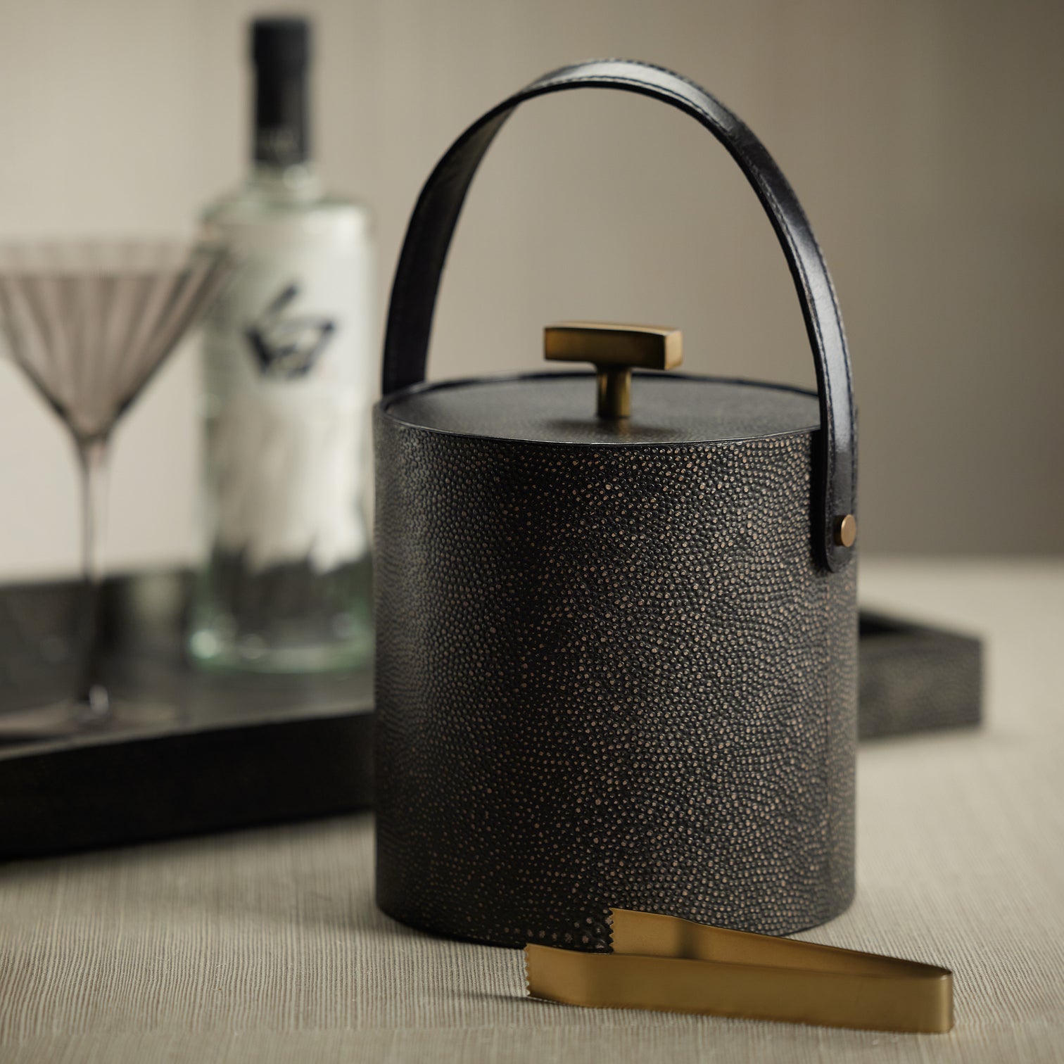 Nika Shagreen Leather Ice Bucket with Gold Metal Ice Tong