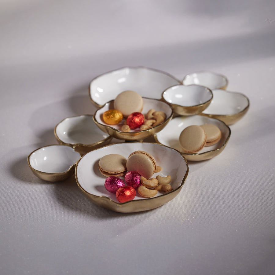 Cluster of Nine Round Serving Bowls - Gold and White