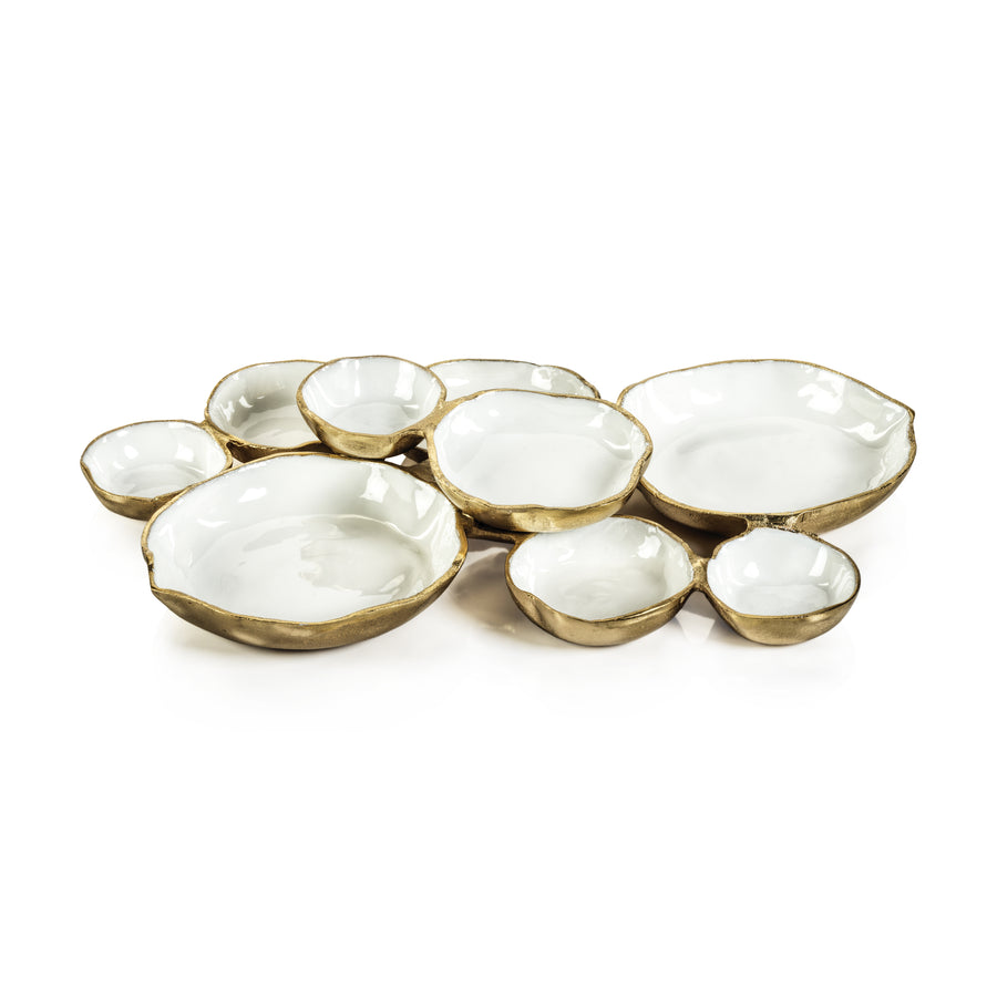 Cluster of Nine Round Serving Bowls - Gold and White