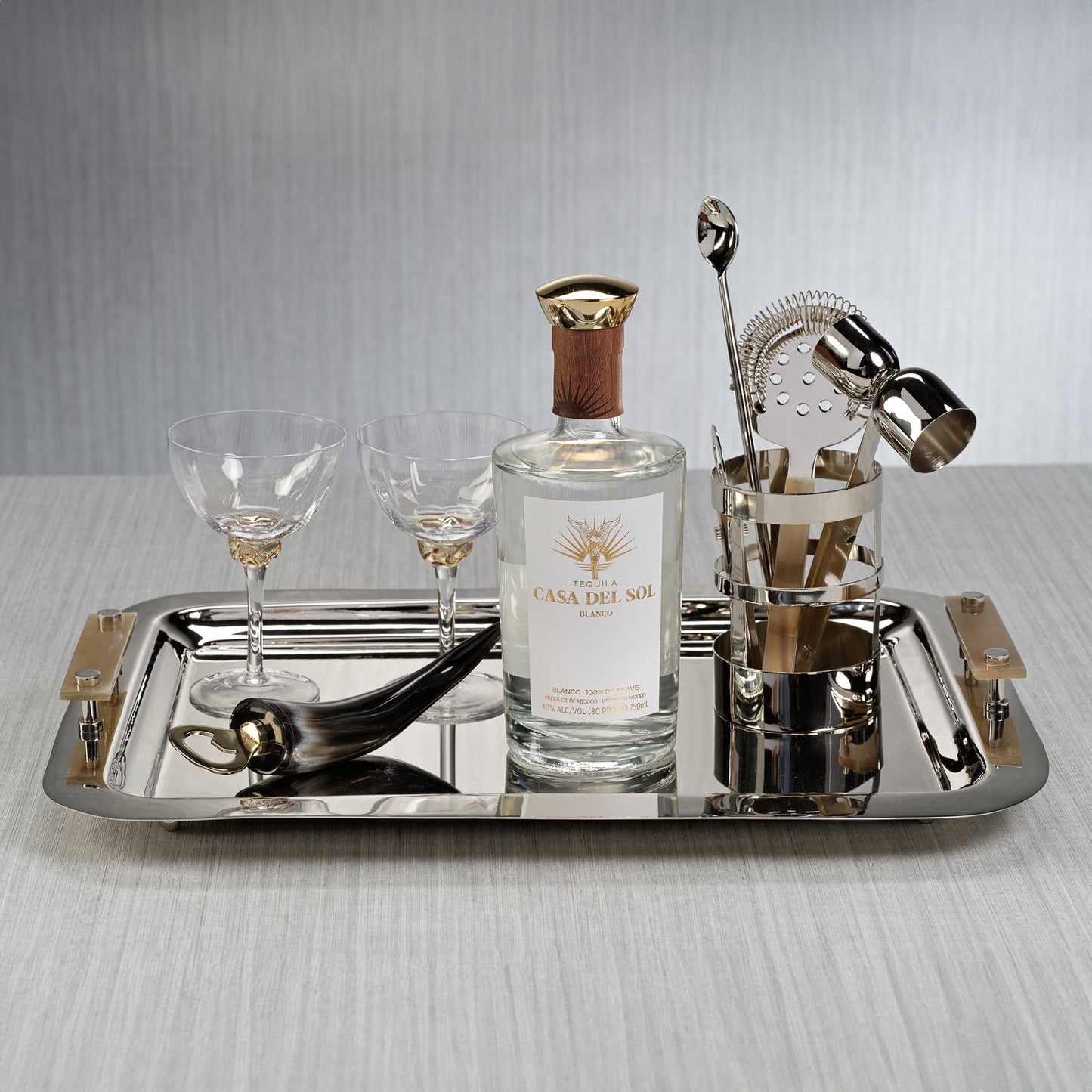 The Berkeley Serving Tray with Horn Handles - Polished Nickel