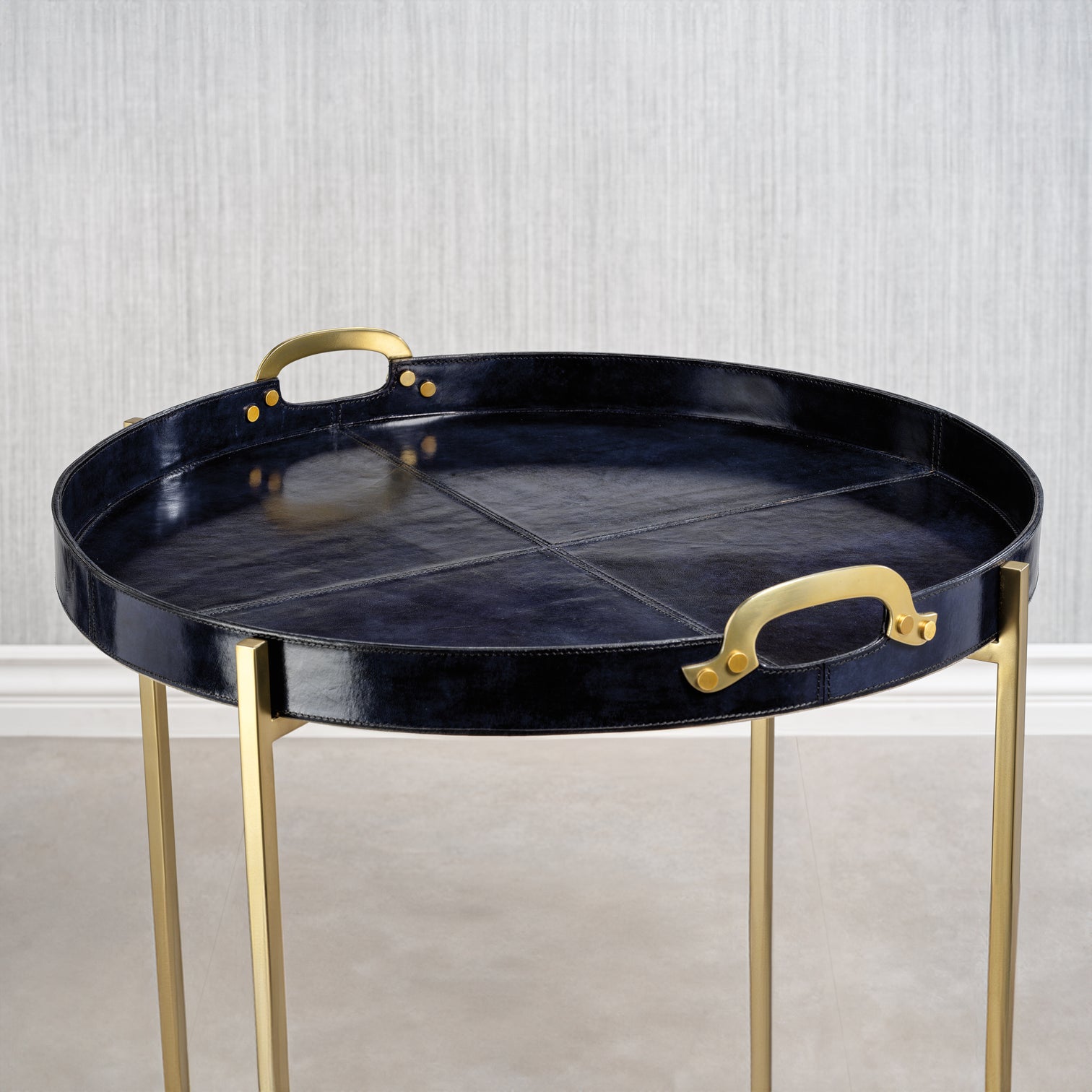 Savoy Leather w/ Brass Handles Round Tray on Stand - Blue and Gold