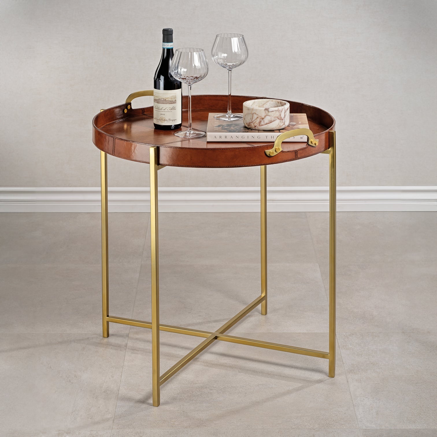 Aspen Leather with Brass Handles Round Tray on Stand