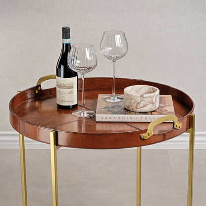 Aspen Leather with Brass Handles Round Tray on Stand - Furniture by Carlyle Avenue