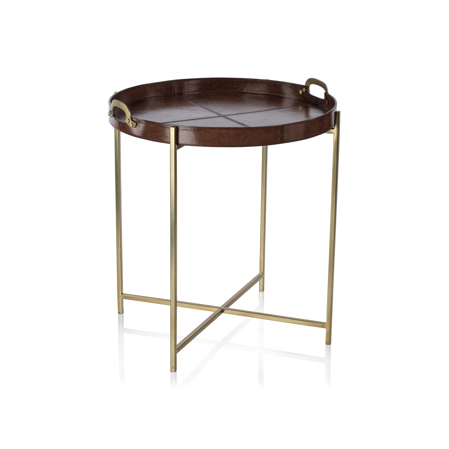 Aspen Leather with Brass Handles Round Tray on Stand