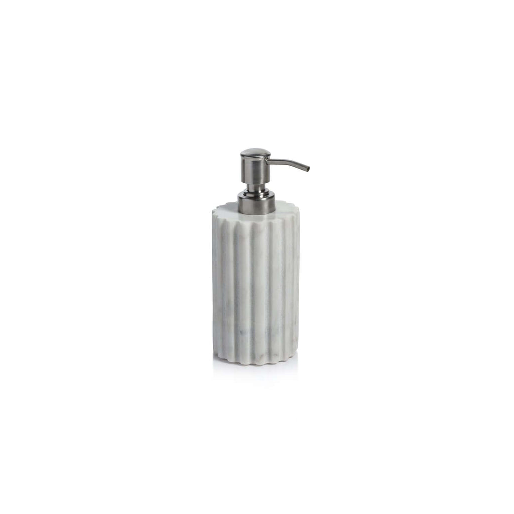 Camogli Bath Collection soap/lotion dispenser crafted from solid white marble with sculpted vertical fluting.