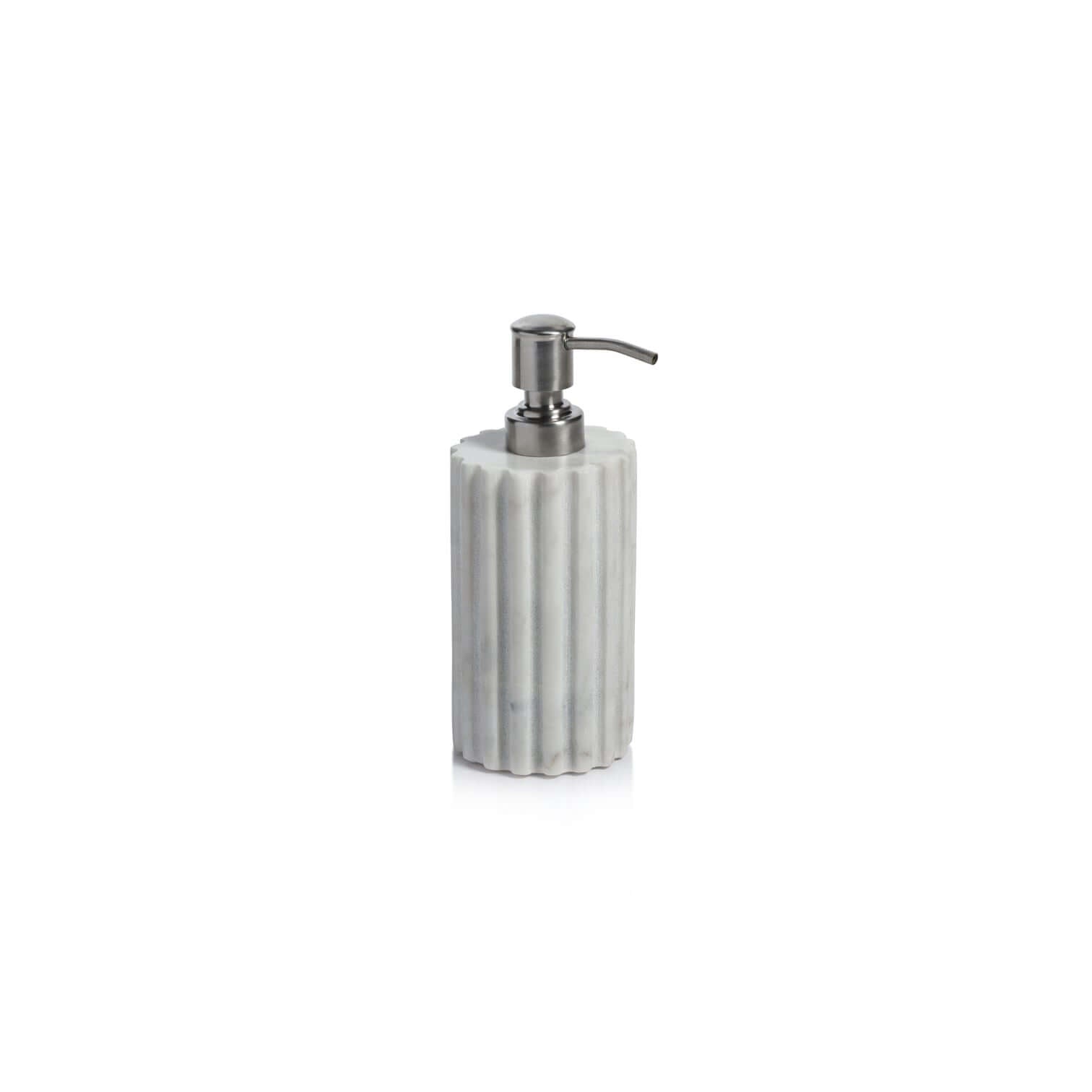 Camogli Bath Collection soap/lotion dispenser crafted from solid white marble with sculpted vertical fluting.