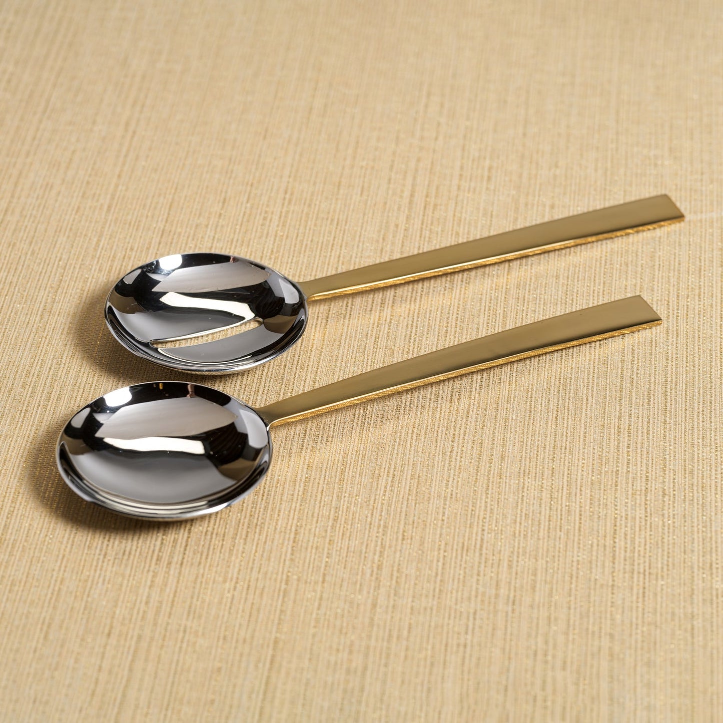 Modern Salad Server Set - Polished Nickel & Gold