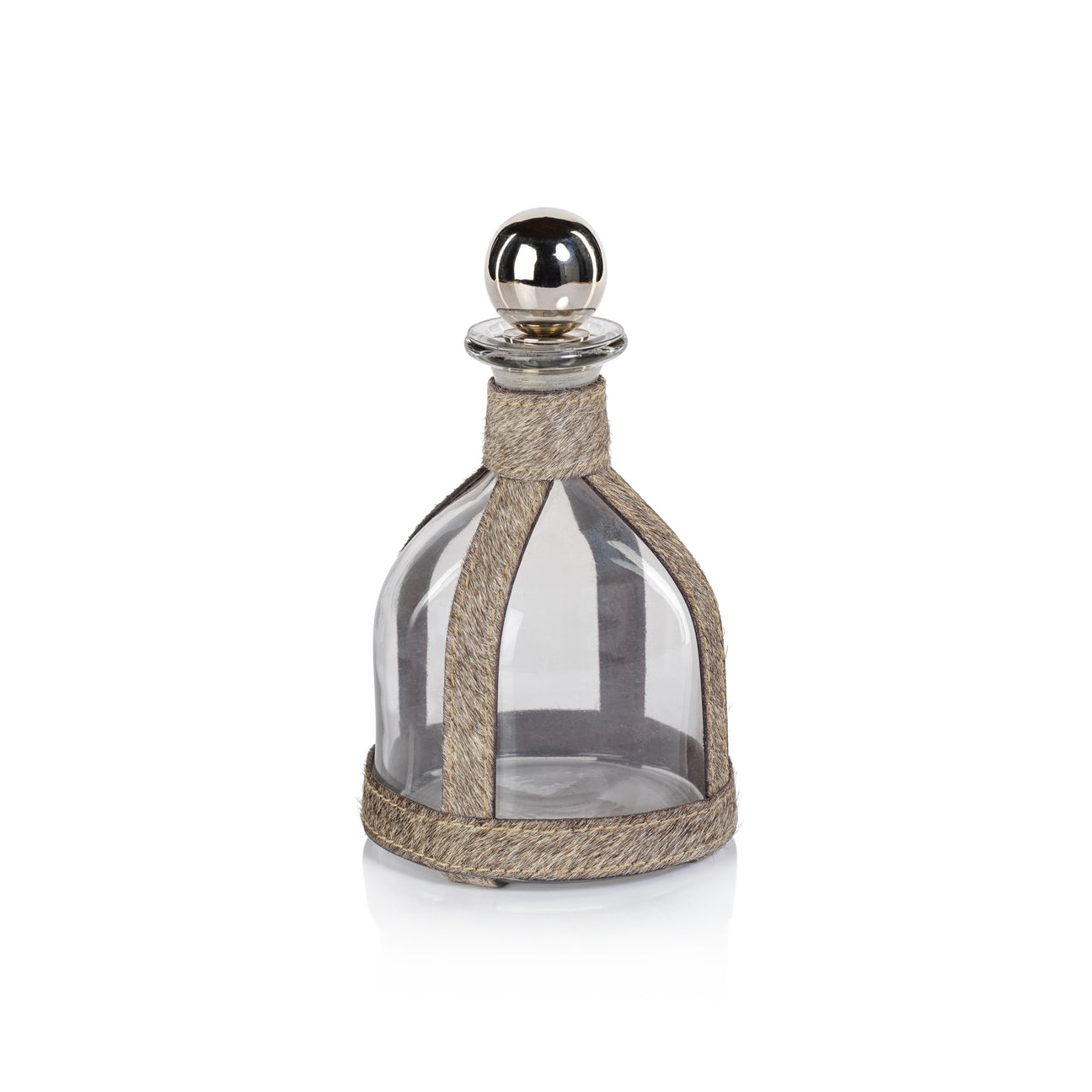 Decorative glass bottle with jute wrap and silver cap on a white background