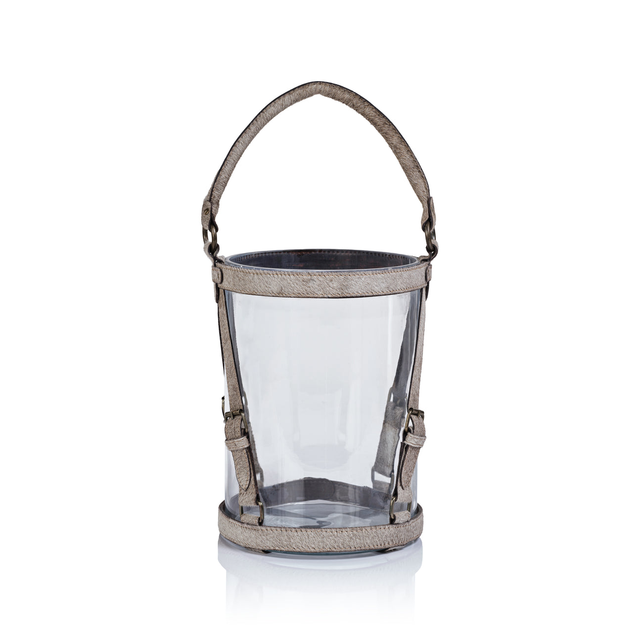 Clear glass lantern with a textured brown handle on a white background