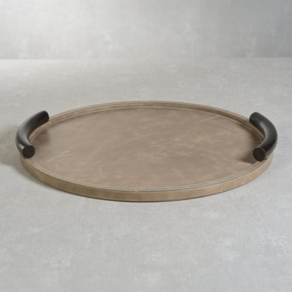 Bellecôte Round Serving Tray - Mink Leather with Metal Handles - Decorative Trays by Carlyle Avenue