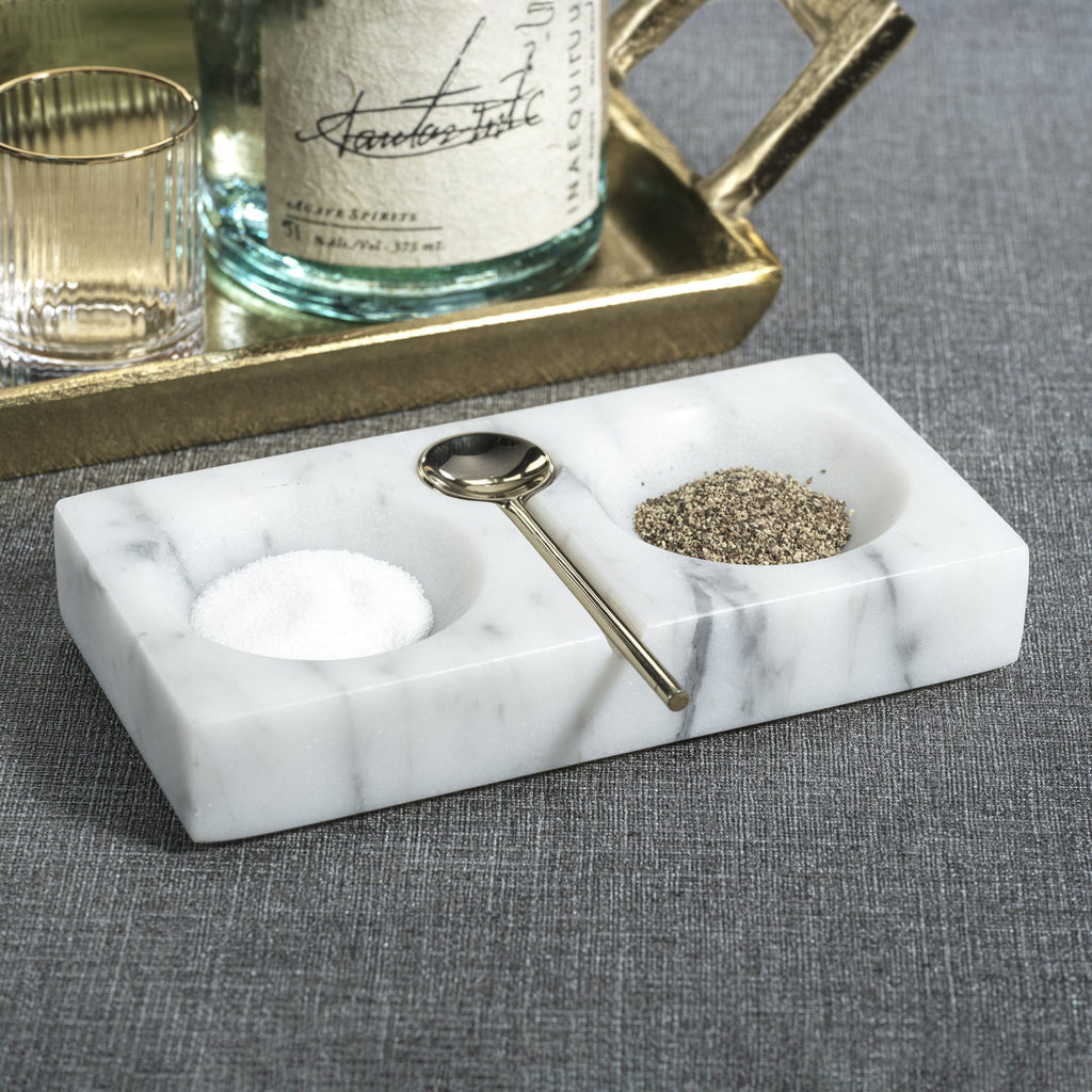 Marble Salt and Pepper Dish with Spoon - White