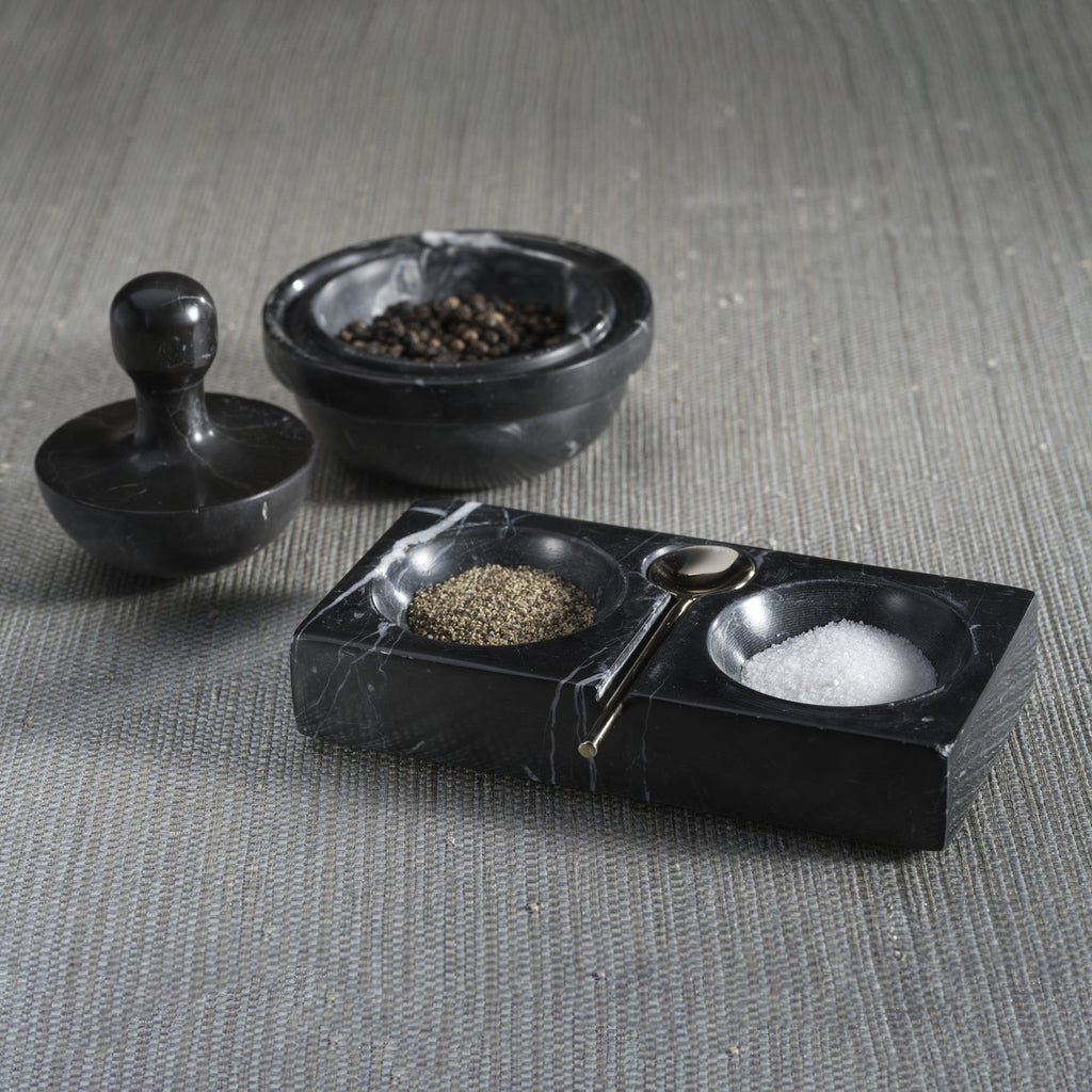Marble Salt and Pepper Dish with Spoon - Black