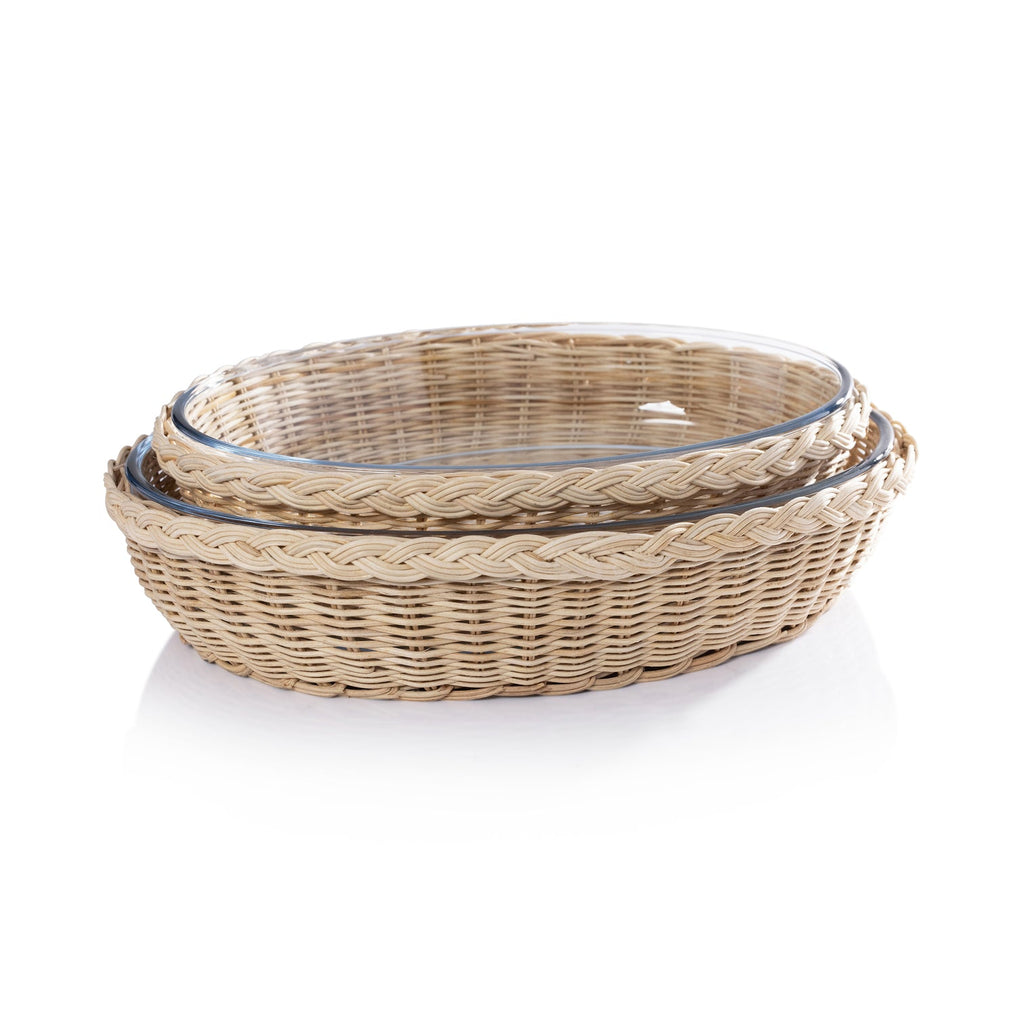 The Palmier Oval Glass Bowl in Woven Rattan Basket - Kitchenware by Carlyle Avenue
