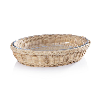 The Palmier Oval Glass Bowl in Woven Rattan Basket - Kitchenware by Carlyle Avenue