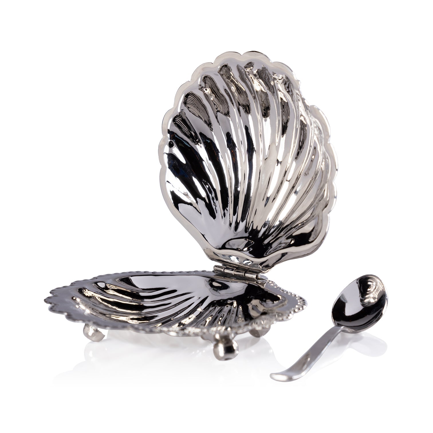 Cap Ferrat Fan Shell Lidded Bowl with Spoon - Polished Nickel