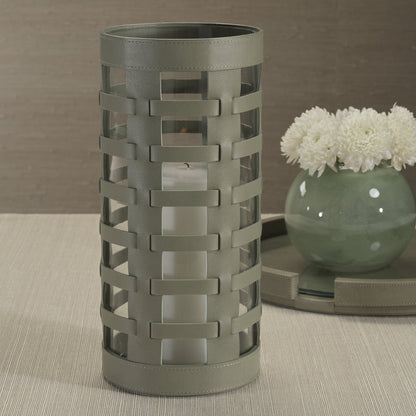 Nappa Woven Leather Glass Vase / Hurricane - Sage - Candle Accessories by Carlyle Avenue