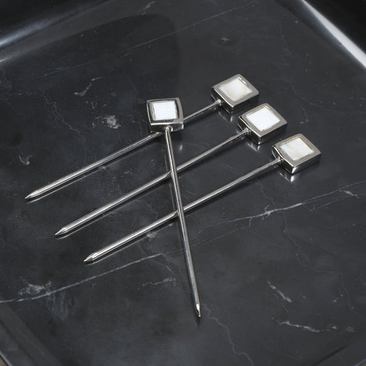 Spiga Set of 4 Cocktail Picks - Polished Nickel Metal with Mother of Pearl Accent - Barware by Carlyle Avenue
