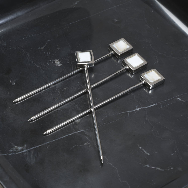 Spiga Set of 4 Cocktail Picks - Polished Nickel Metal with Mother of Pearl Accent - Barware by Carlyle Avenue