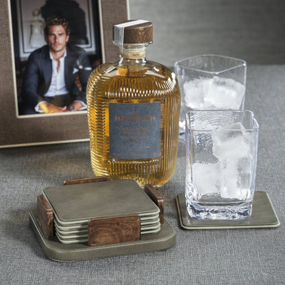 Sotto Leather with Burl Veneer Coaster Set - Cedar Green