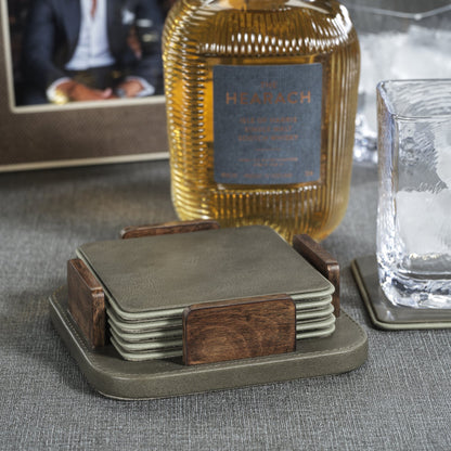 Sotto Leather with Burl Veneer Coaster Set - Cedar Green