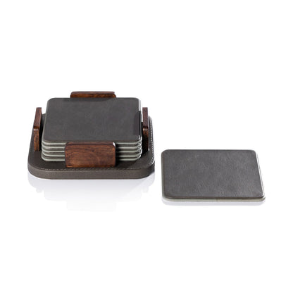 Sotto Leather with Burl Veneer Coaster Set - Cedar Green