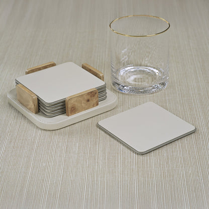 Sotto Leather with Burl Veneer Coaster Set of 6 - Ivory - Coasters by Carlyle Avenue