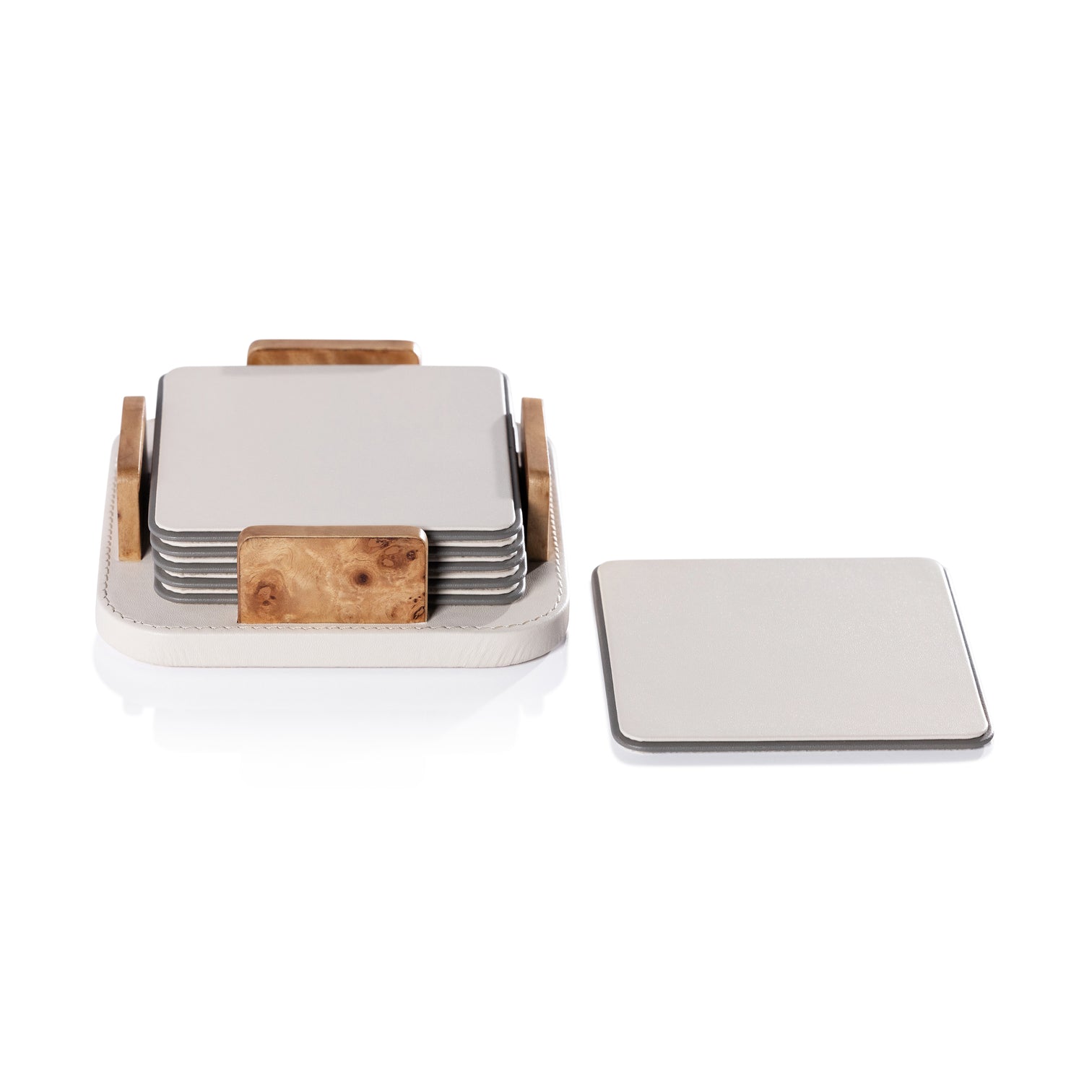 Sotto Leather with Burl Veneer Coaster Set - Ivory - Coasters by Carlyle Avenue