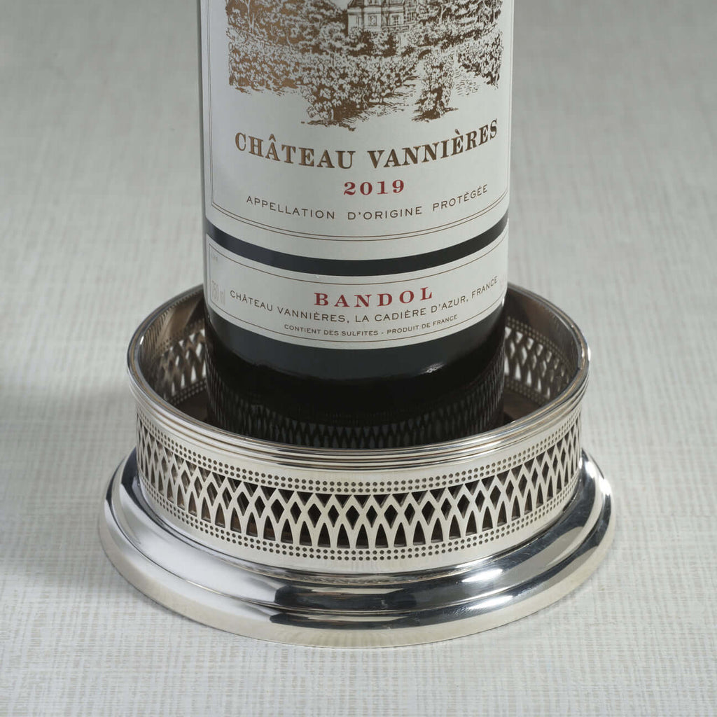 Sommelier's Edge Wine Bottle Coaster - Silver Plated w/ Wood Base - Coasters by Carlyle Avenue