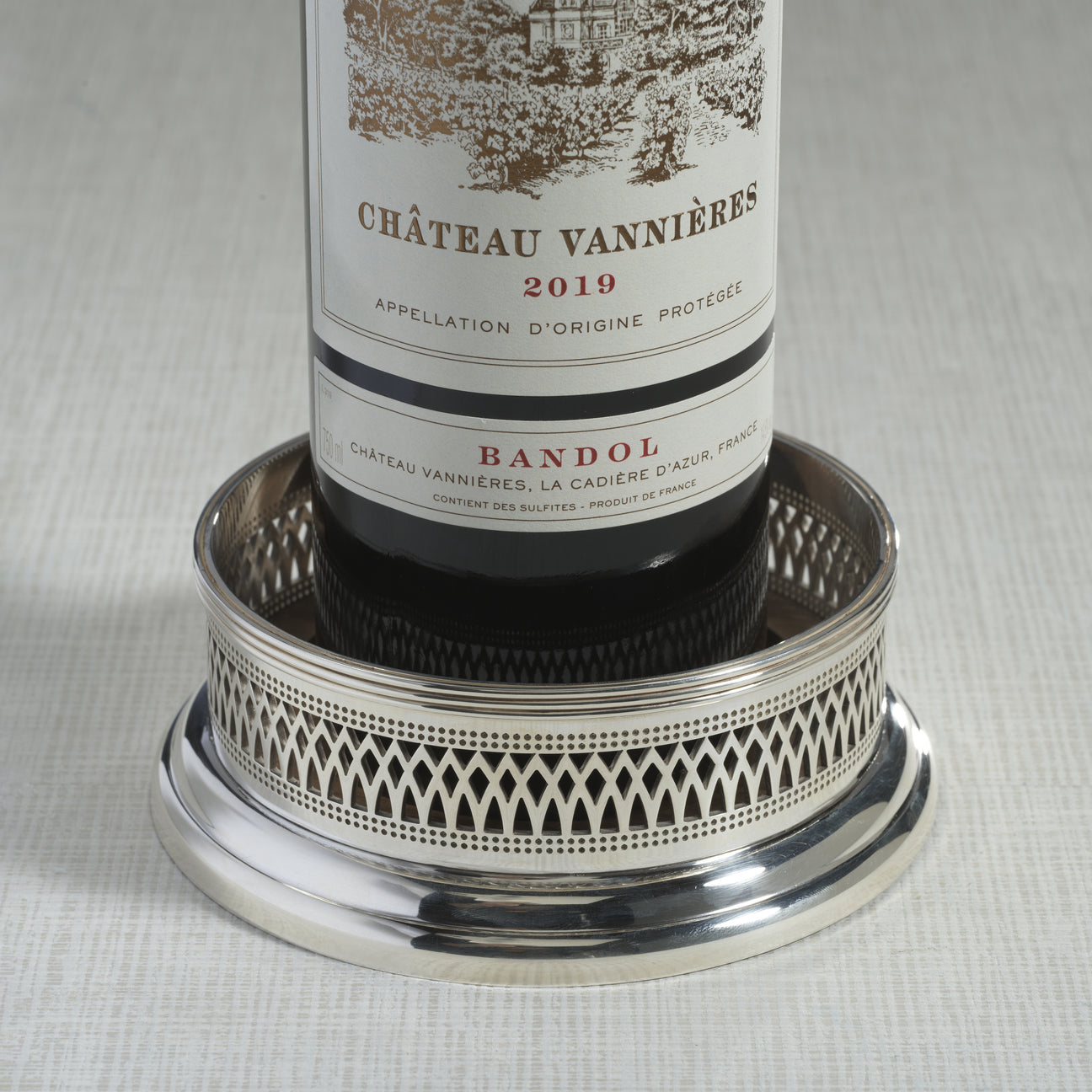 Sommelier's Edge Wine Bottle Coaster - Silver Plated w/ Wood Base