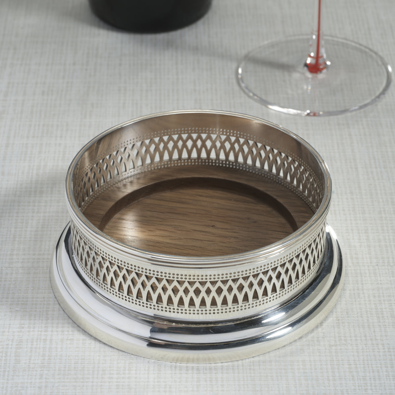 Sommelier's Edge Wine Bottle Coaster - Silver Plated w/ Wood Base