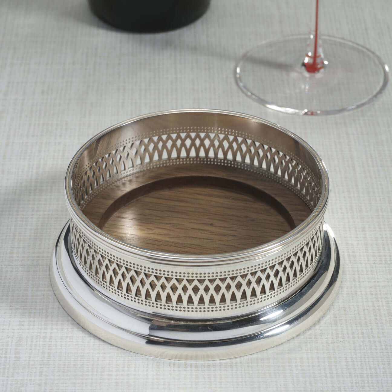 Sommelier's Edge Wine Bottle Coaster - Silver Plated w/ Wood Base - Coasters by Carlyle Avenue