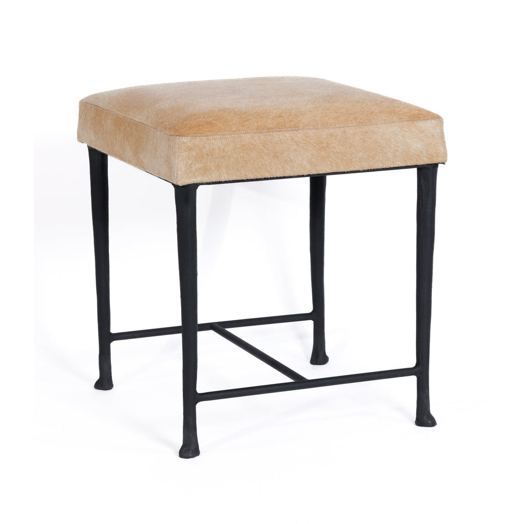 Corviglia Hair On Hide Leather Stool with Forged Iron Base - Tan - CARLYLE AVENUE