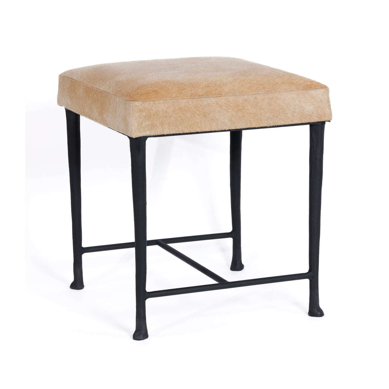 Corviglia Hair On Hide Leather Stool with Forged Iron Base - Tan - CARLYLE AVENUE