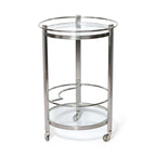 Élan Round Bar Cart / Trolley featuring polished chrome finish and clear glass shelves for stylish entertaining.