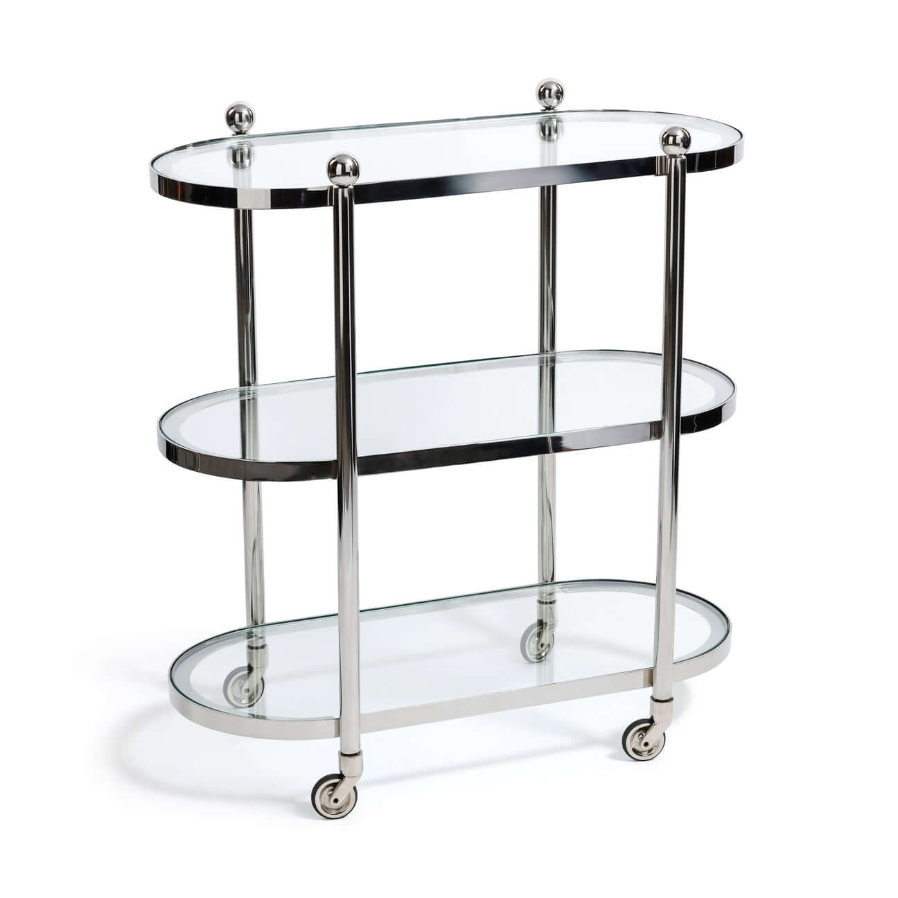 Oval Round Bar Cart / Trolley with clear glass tiers and polished silver frame, ideal for entertaining.