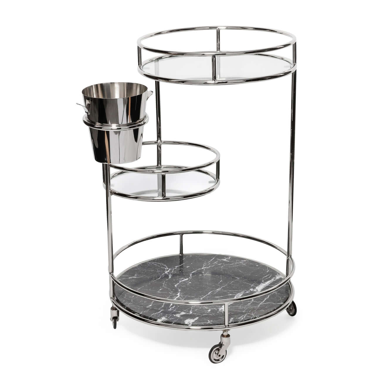 Paradise Cove Bar Cart with clear glass shelves and a black marble base, designed for stylish serving.