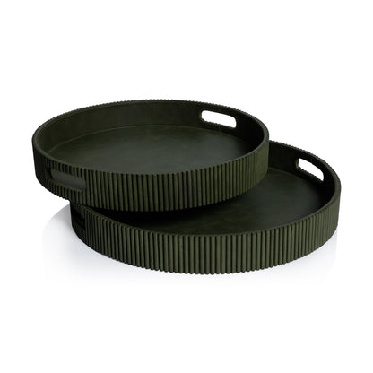 Two black round trays with handles on a white background