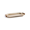 Gold tray with brown handles on a white background